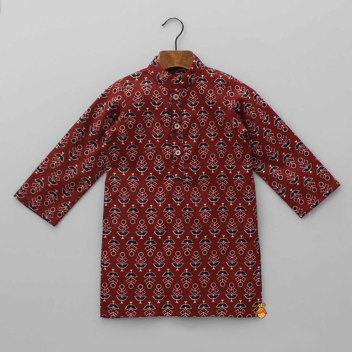 Pre Order: Pockets Detail Brown Kurta With Stylish Hem Printed Jacket And Pyjama