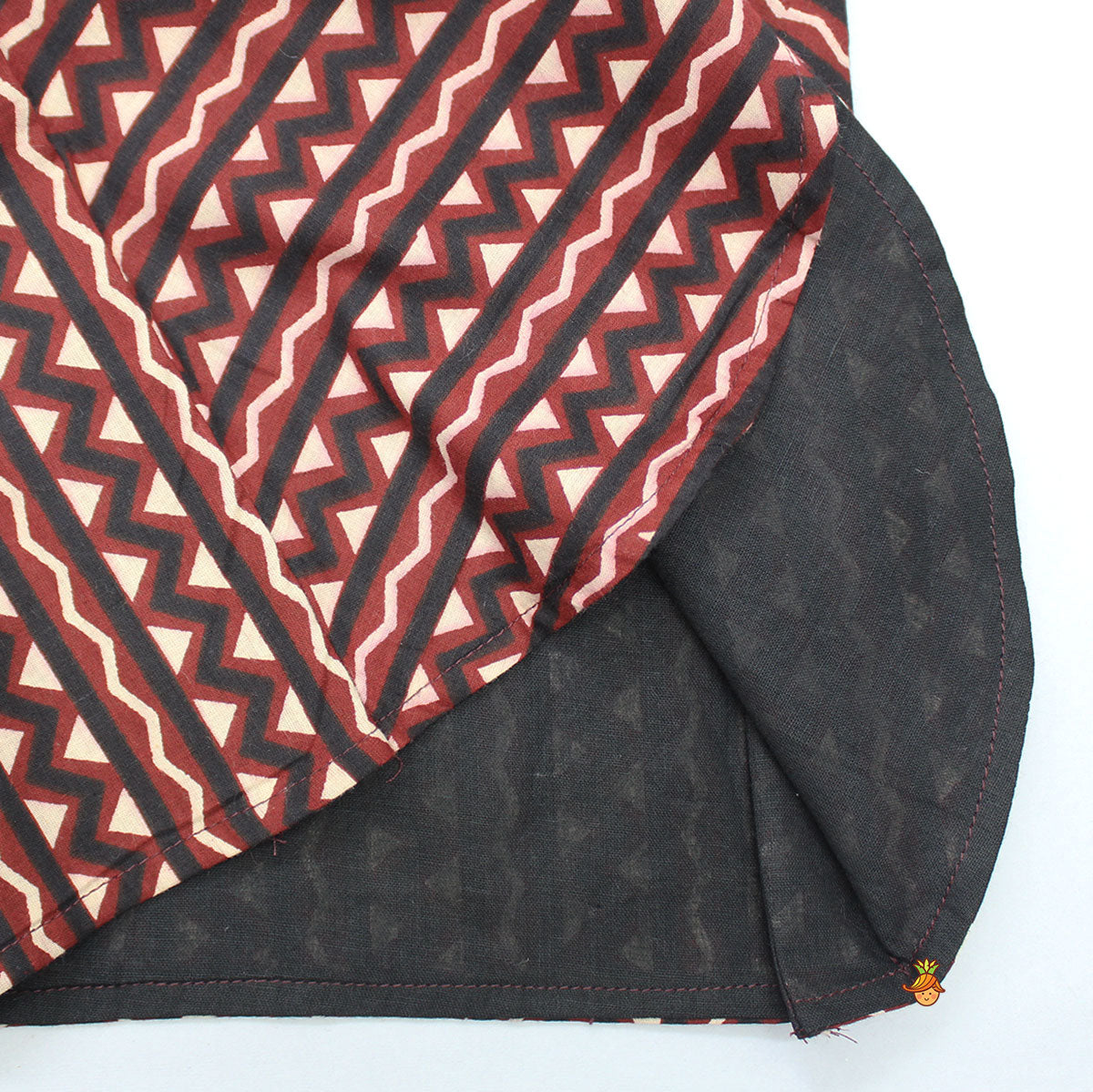 Pre Order: Pockets Detail Brown Kurta With Stylish Hem Printed Jacket And Pyjama