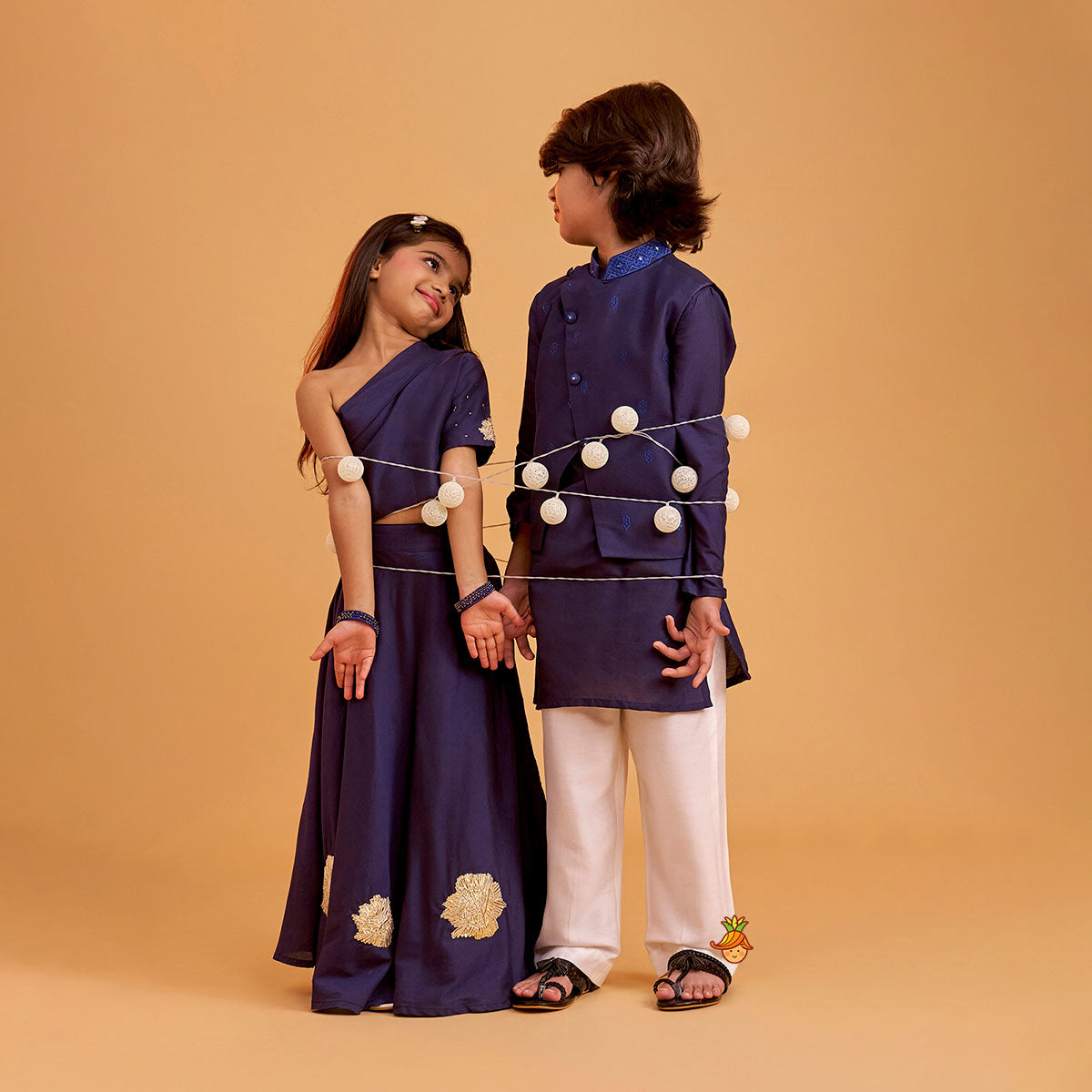 One Shoulder Blue Top And Floral Lehenga twinning model image 2