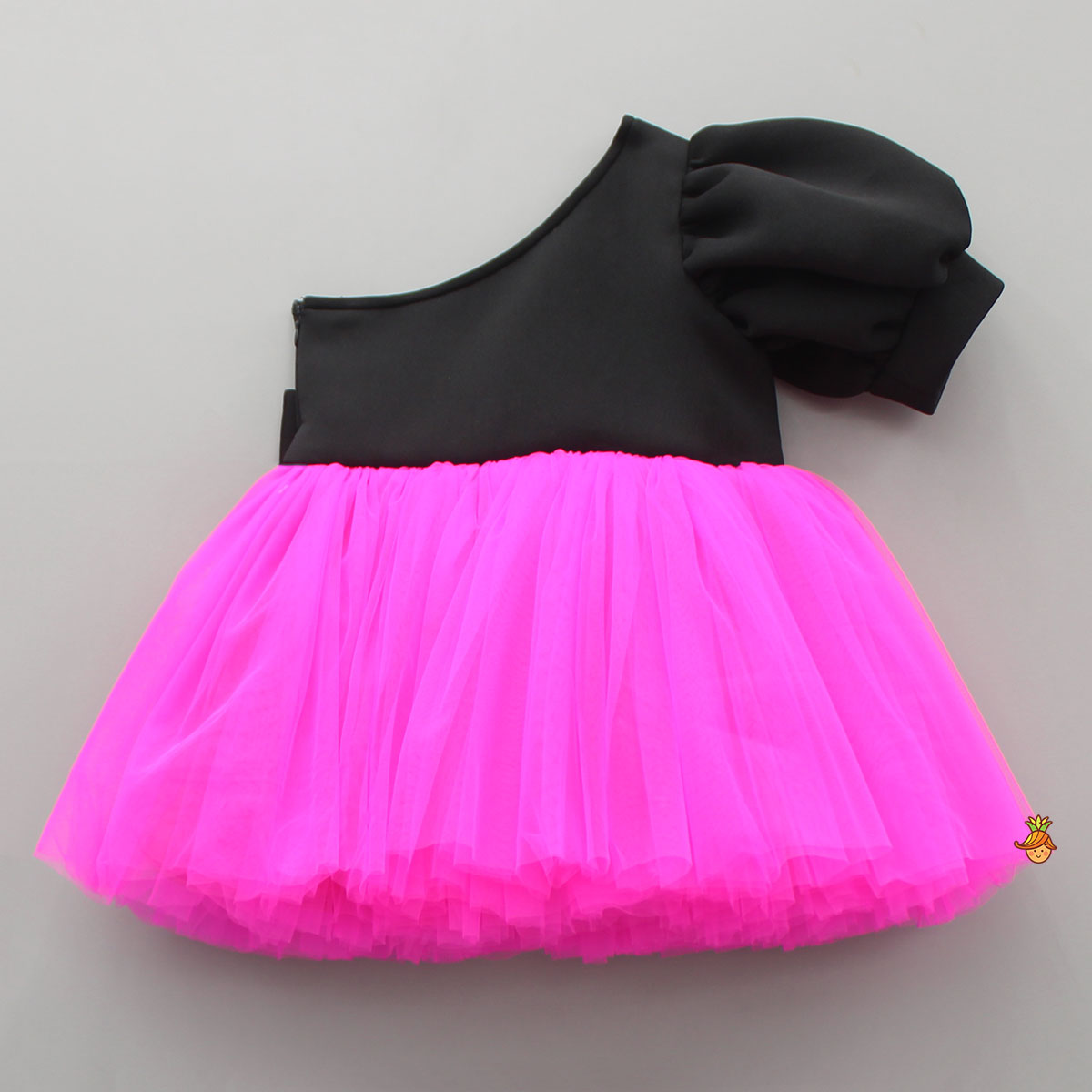 Pre Order: One Shoulder Bow Enhanced Pink And Black Net Dress