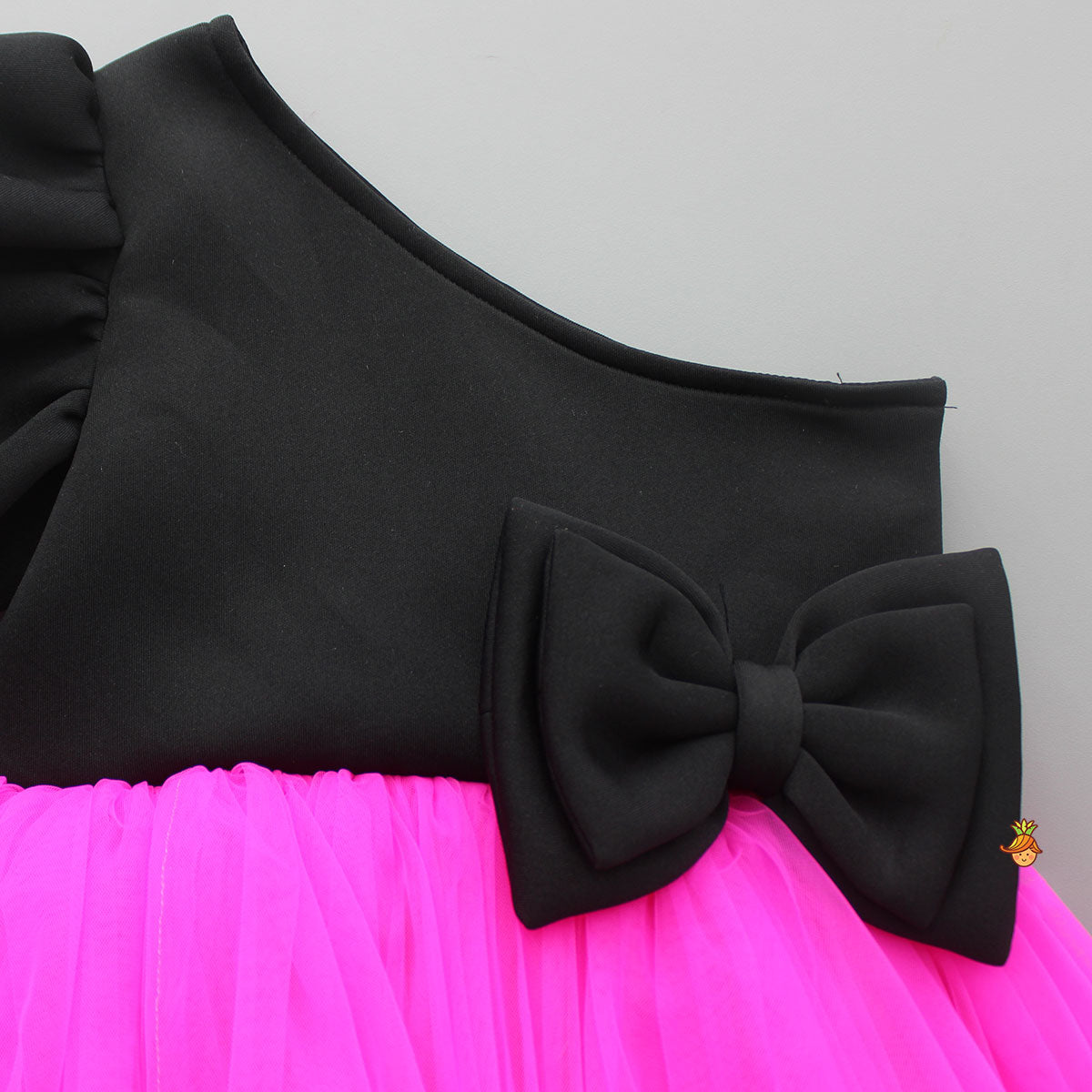 Pre Order: One Shoulder Bow Enhanced Pink And Black Net Dress