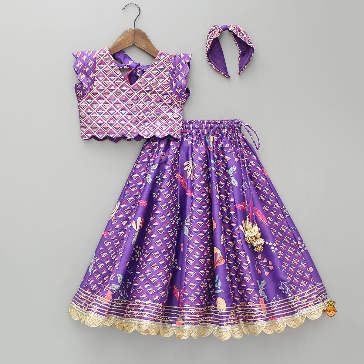 Pre Order: Scalloped Hem V Neck Purple Top And Lehenga With Matching Hair Band