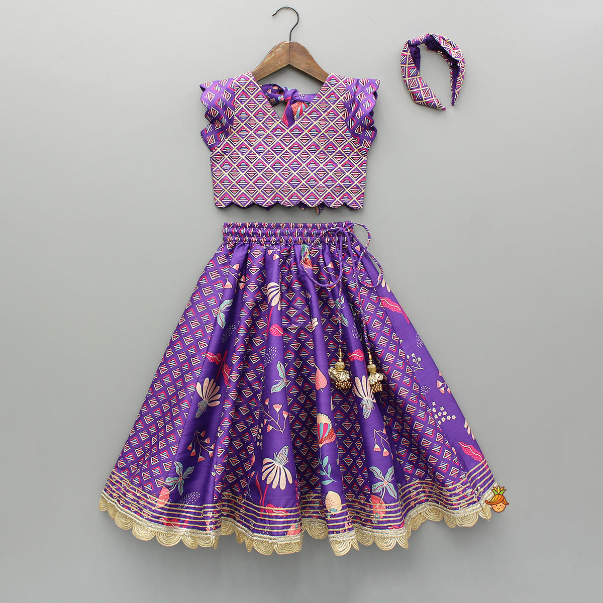 Pre Order: Scalloped Hem V Neck Purple Top And Lehenga With Matching Hair Band