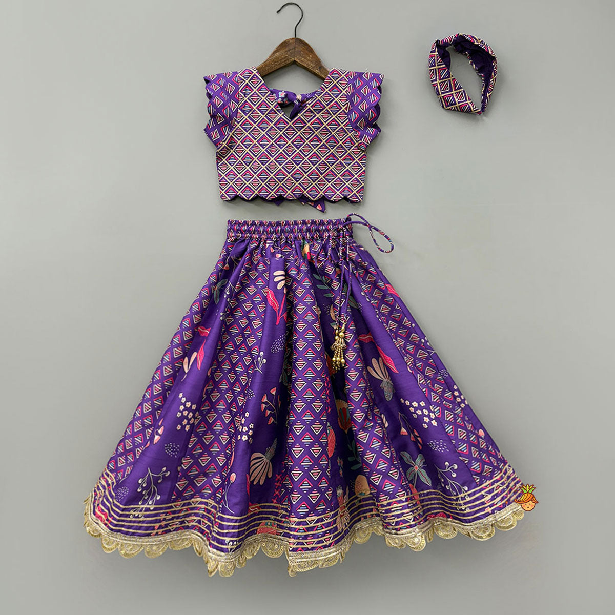 Pre Order: Scalloped Hem V Neck Purple Top And Lehenga With Matching Hair Band