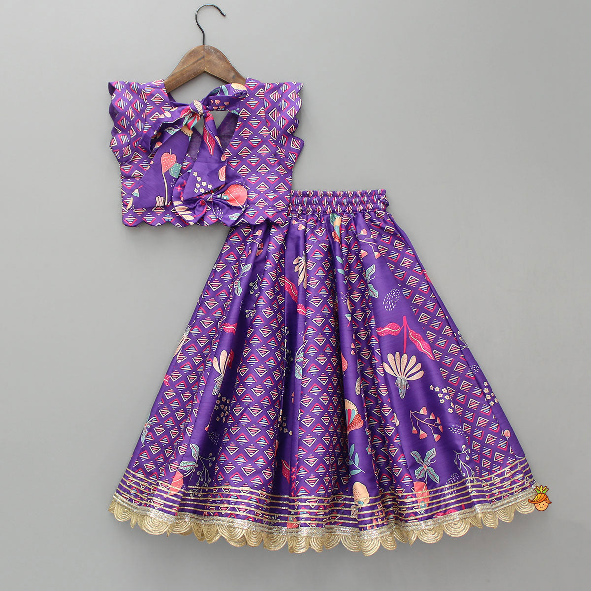 Pre Order: Scalloped Hem V Neck Purple Top And Lehenga With Matching Hair Band