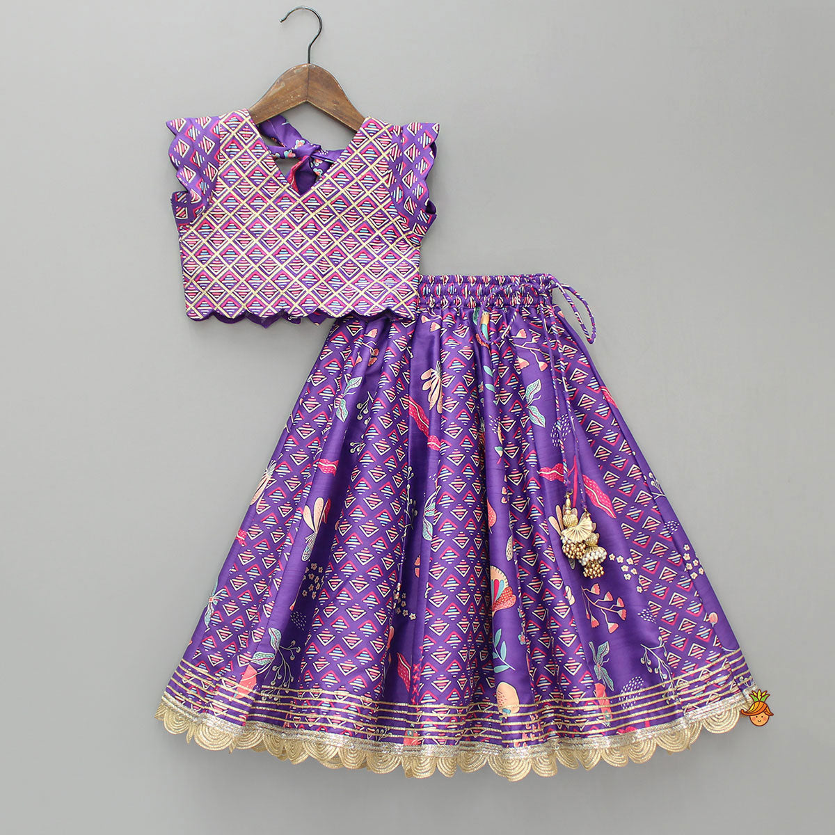 Pre Order: Scalloped Hem V Neck Purple Top And Lehenga With Matching Hair Band