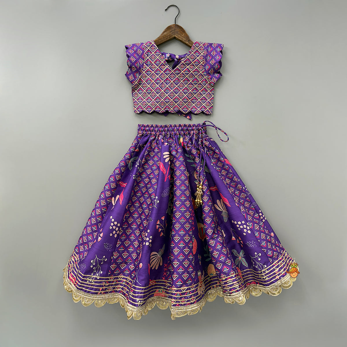 Pre Order: Scalloped Hem V Neck Purple Top And Lehenga With Matching Hair Band