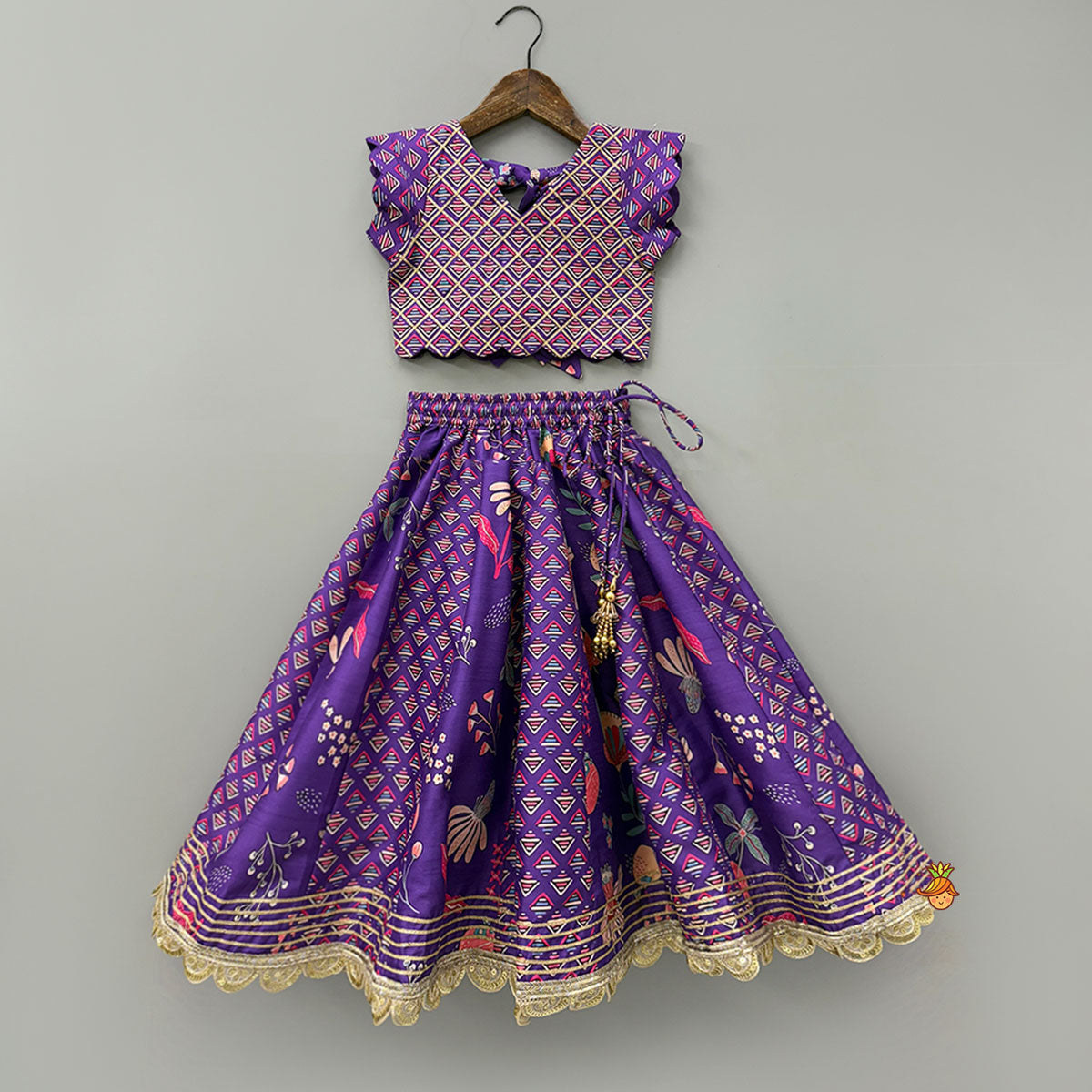 Pre Order: Scalloped Hem V Neck Purple Top And Lehenga With Matching Hair Band
