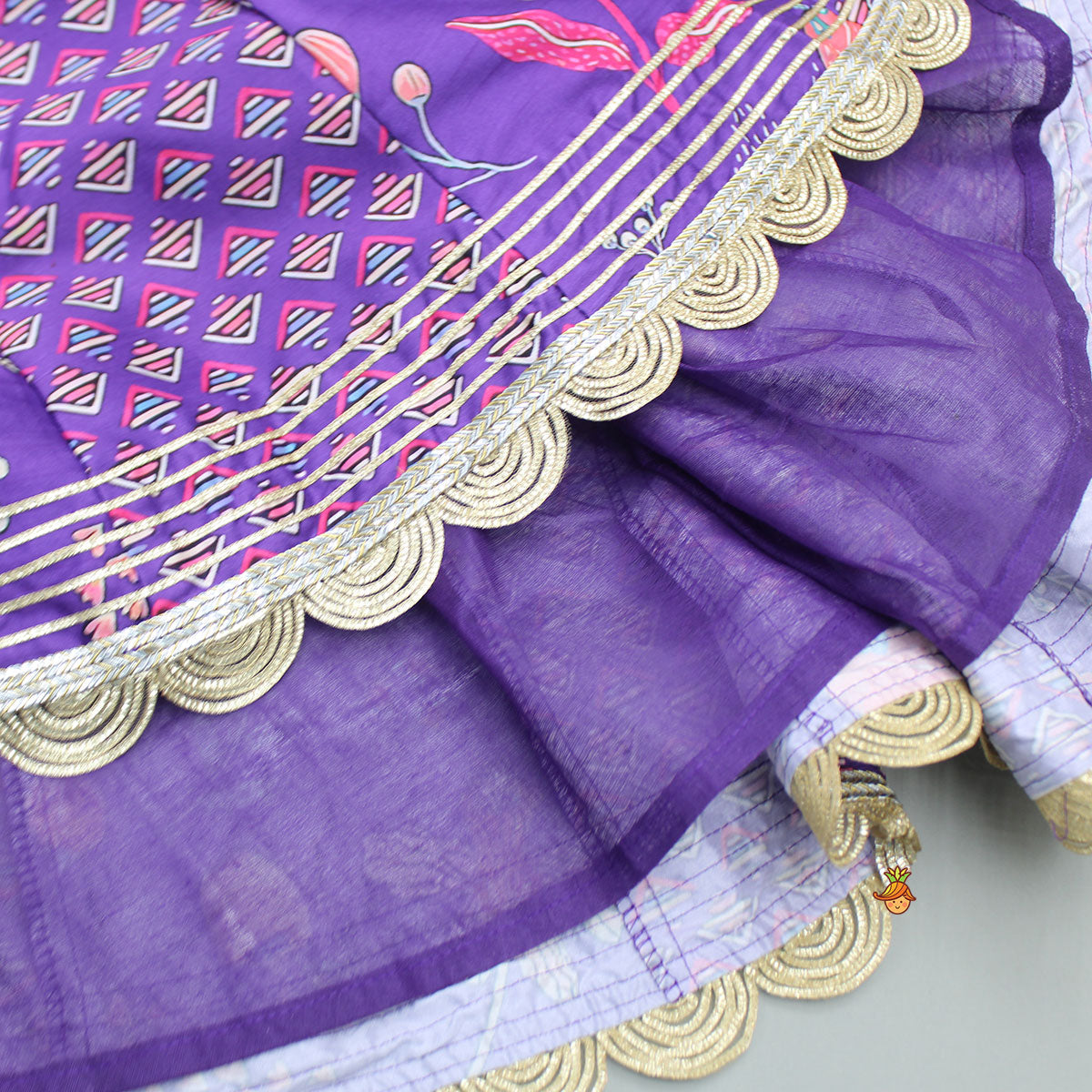 Pre Order: Scalloped Hem V Neck Purple Top And Lehenga With Matching Hair Band