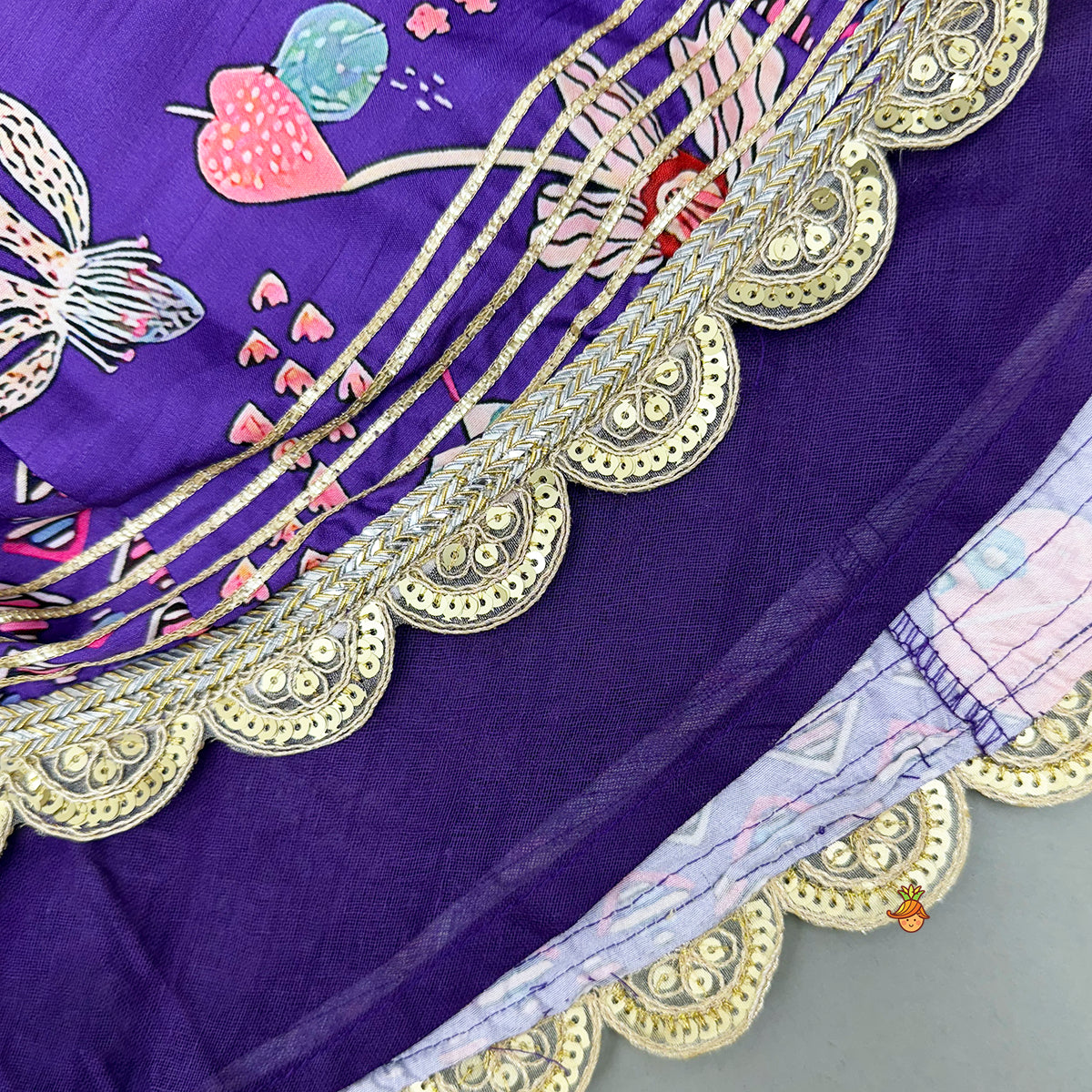 Pre Order: Scalloped Hem V Neck Purple Top And Lehenga With Matching Hair Band