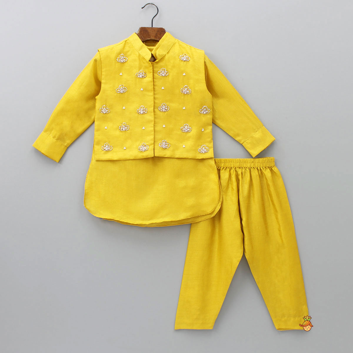 Pre Order: Collar-Neck Mustard Kurta With Embroidered Jacket And Pyjama