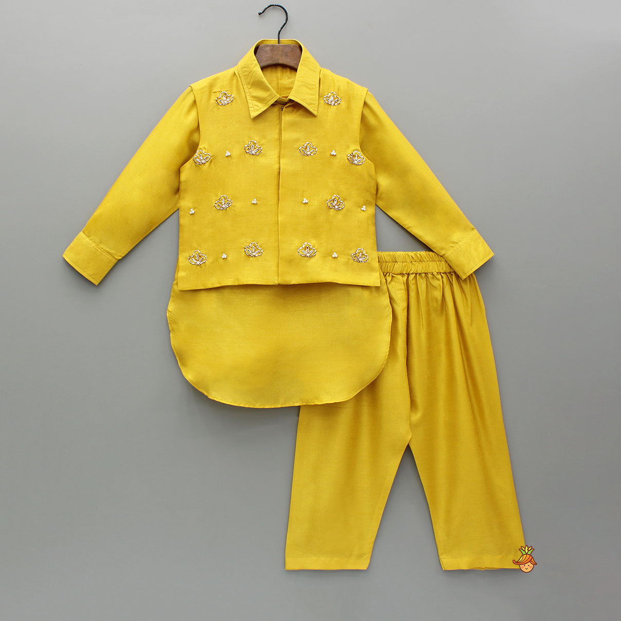 Pre Order: Collar-Neck Mustard Kurta With Embroidered Jacket And Pyjama