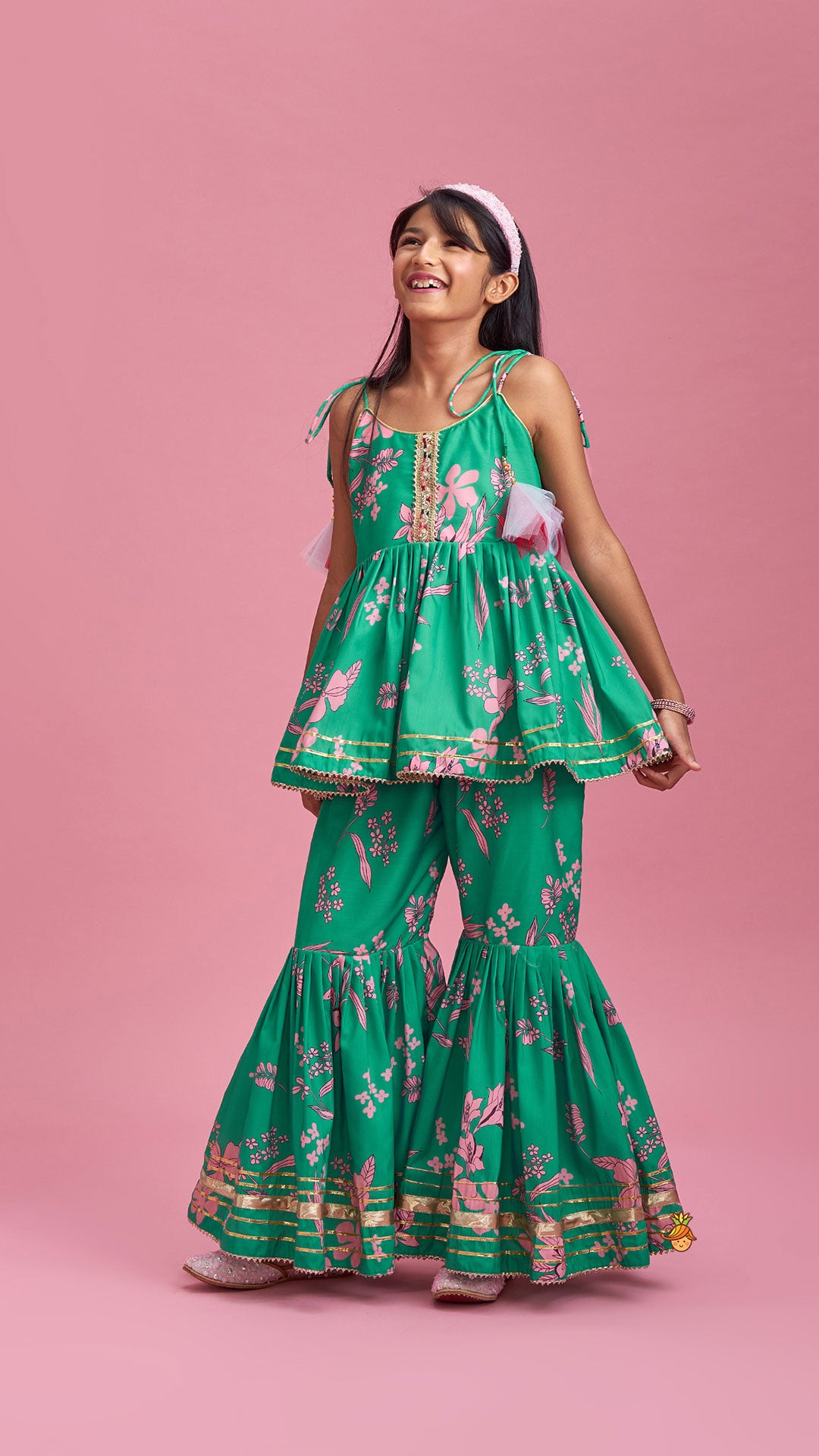 Pre Order: Green Top And Sharara With Pink Floral Prints And Net Dupatta