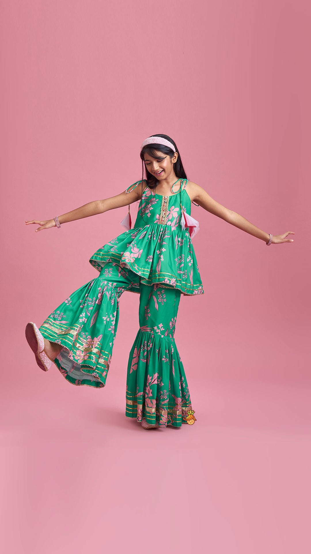 Pre Order: Green Top And Sharara With Pink Floral Prints And Net Dupatta