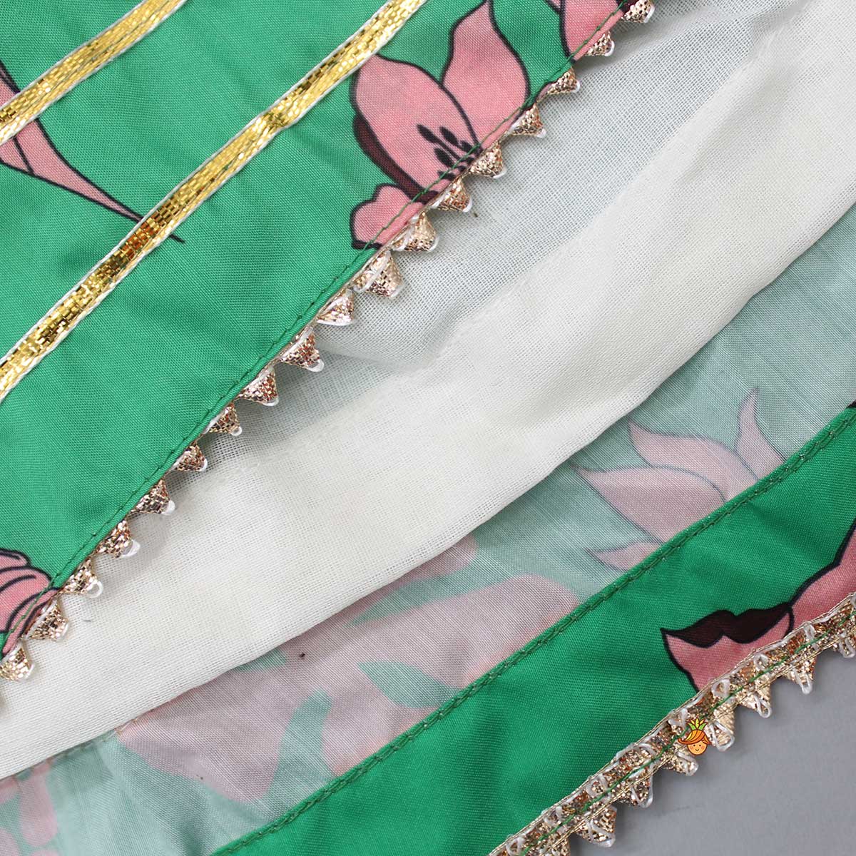 Pre Order: Green Top And Sharara With Pink Floral Prints And Net Dupatta