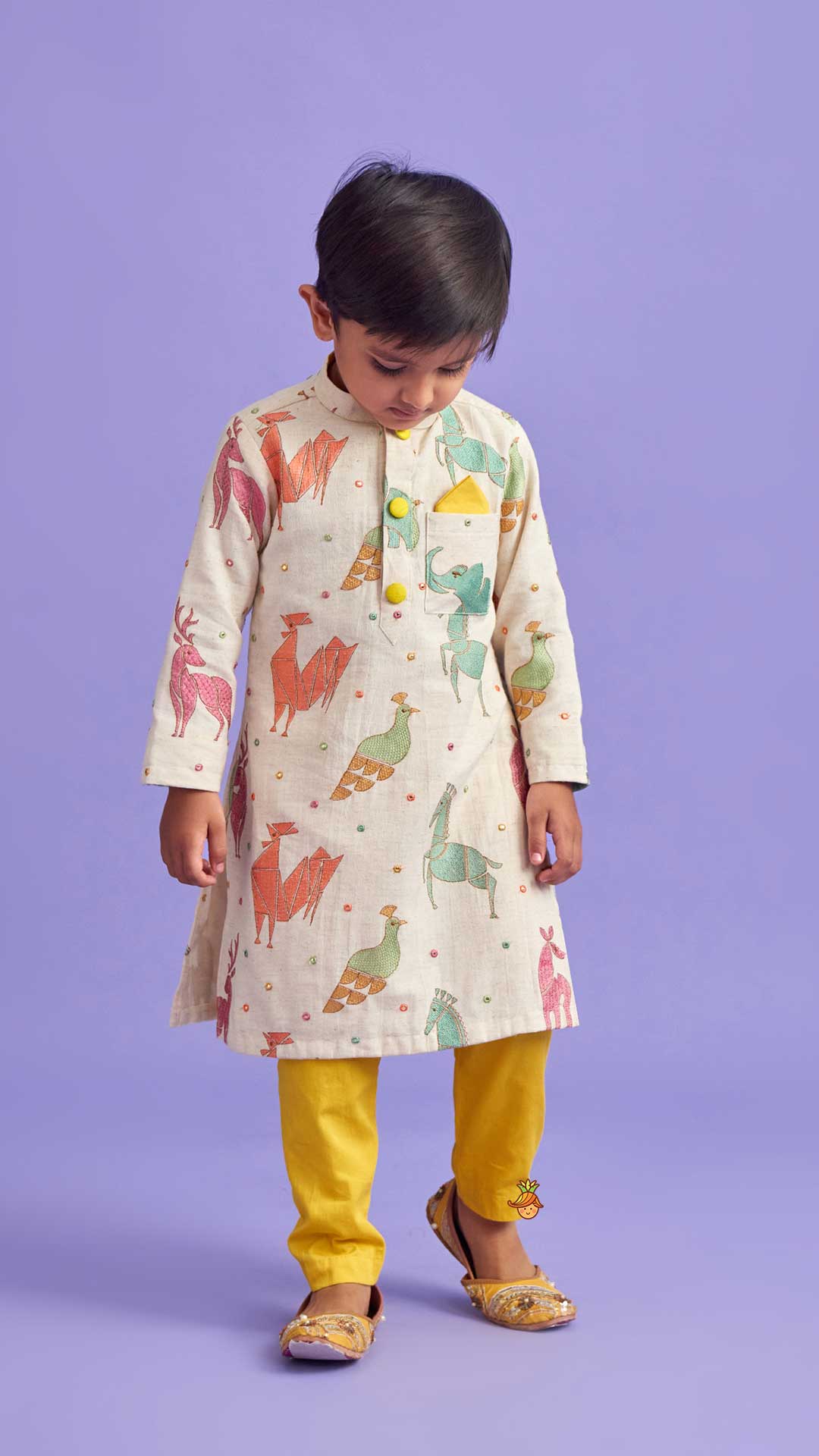 Pre Order: Front Placket Embroidered Kurta And Mustard Pyjama