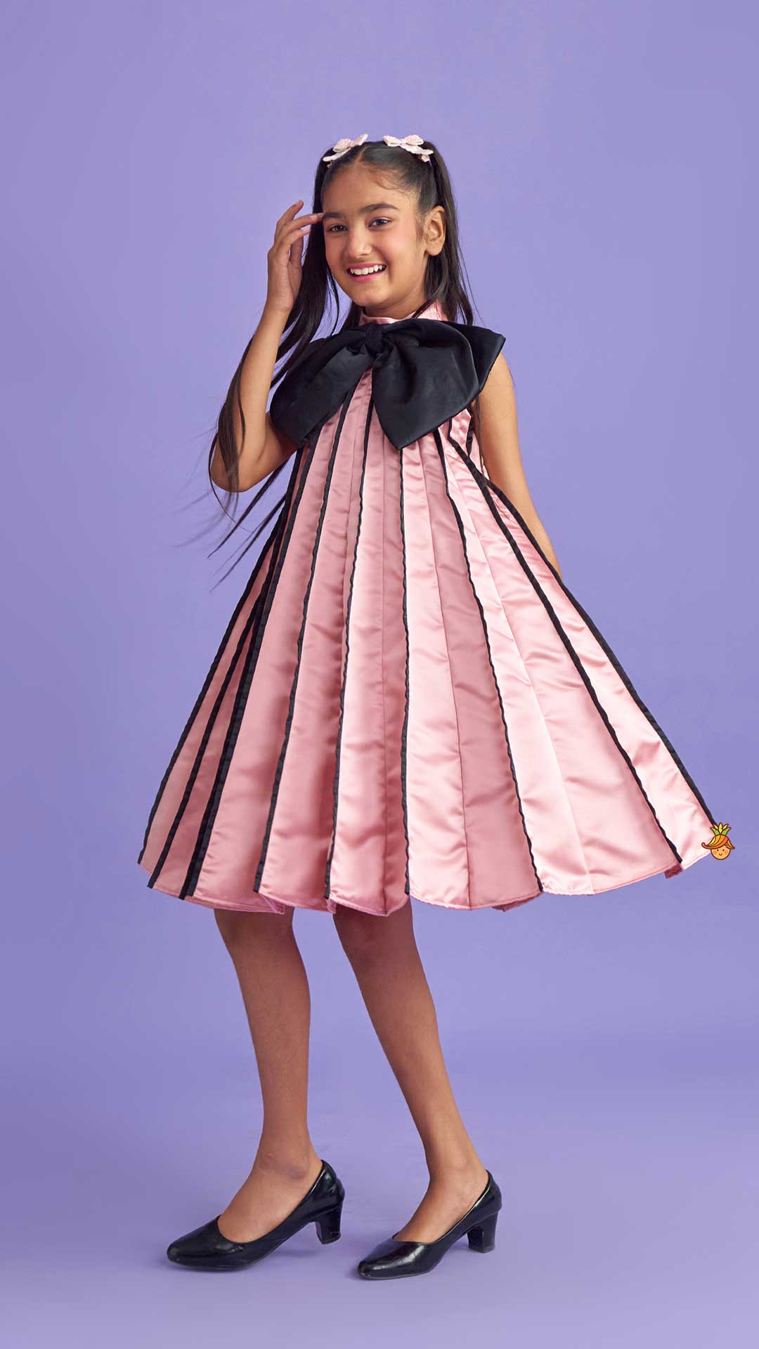 Pre Order: Charming Pink And Black Stylish Pleated Dress