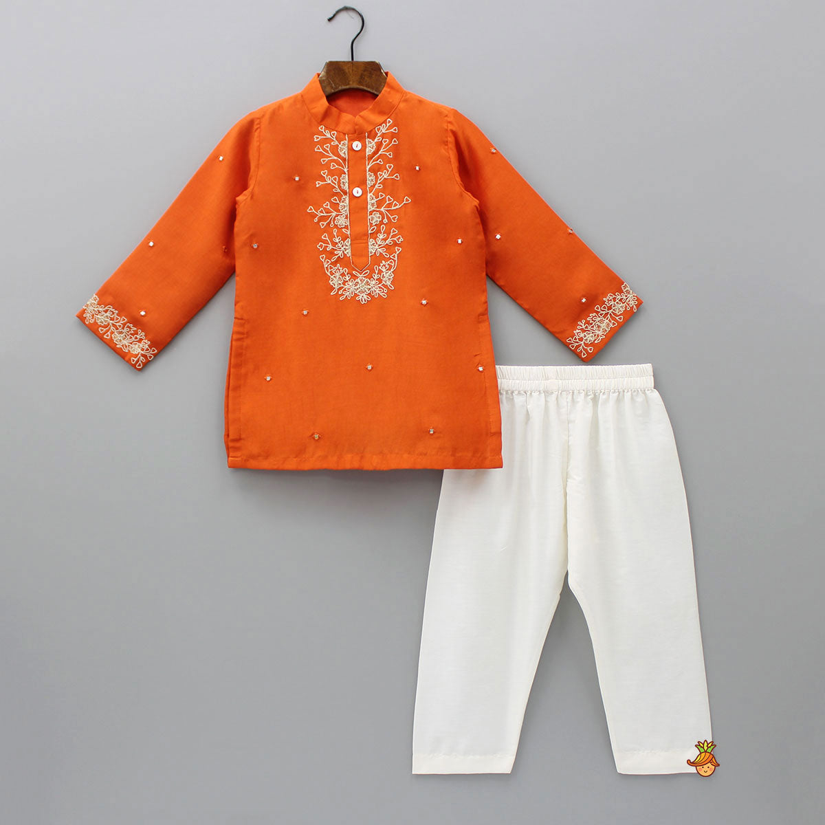 Pre Order: Orange Faux Mirror Work Kurta With Pyjama