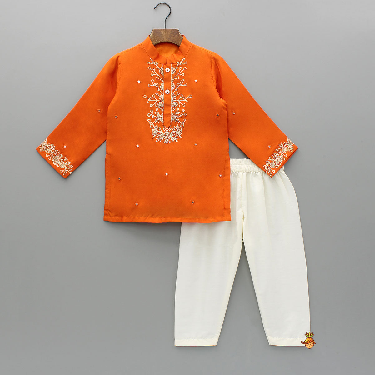 Pre Order: Orange Faux Mirror Work Kurta With Pyjama