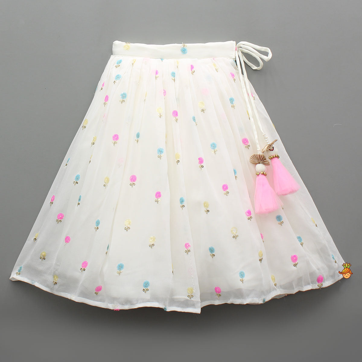 Pre Order: Embroidered Off-White Top And Lehenga With Contrasting Pink Net Dupatta And Potli Bag