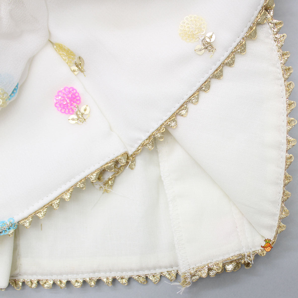 Pre Order: Embroidered Off-White Top And Lehenga With Contrasting Pink Net Dupatta And Potli Bag