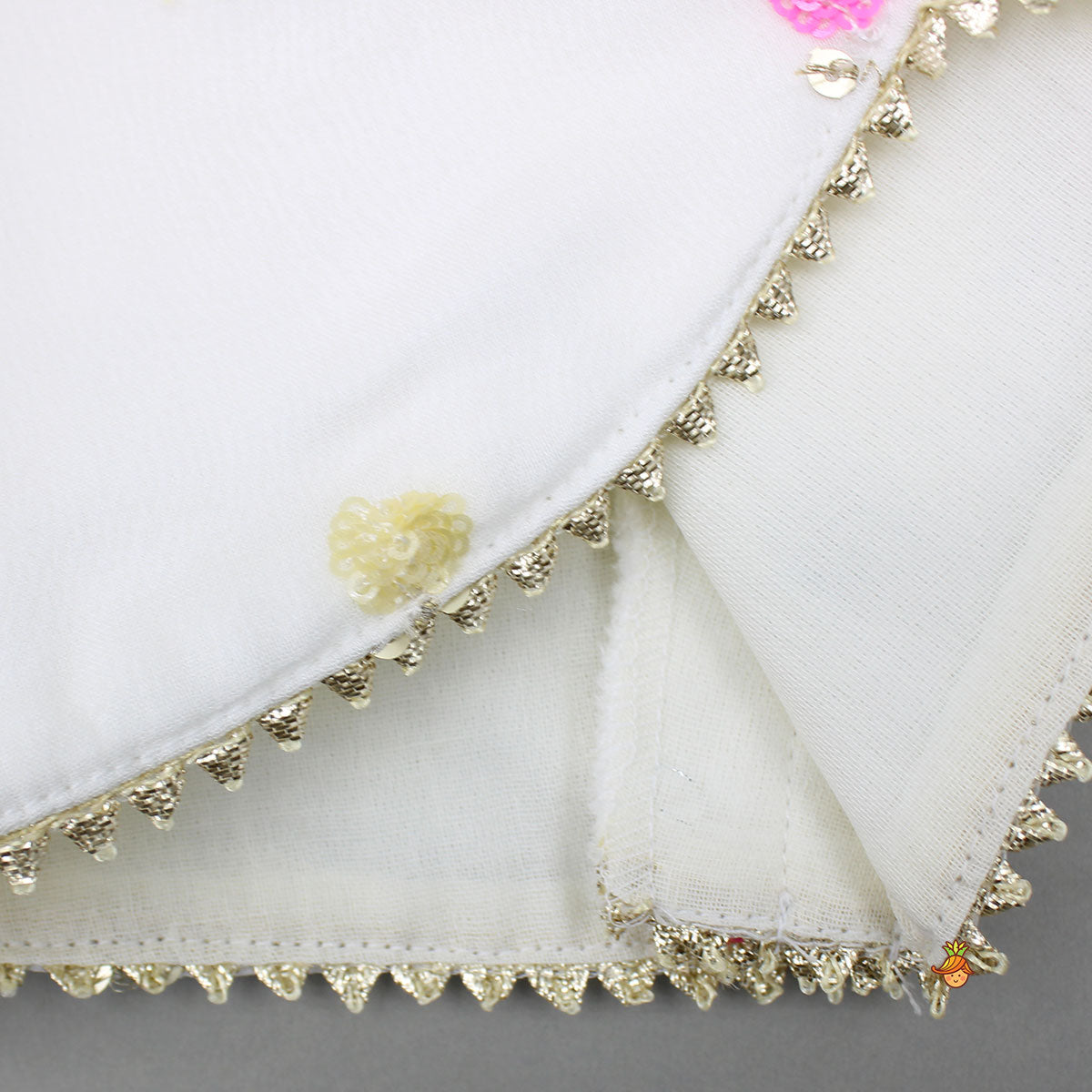 Pre Order: Embroidered Off-White Top And Lehenga With Contrasting Pink Net Dupatta And Potli Bag