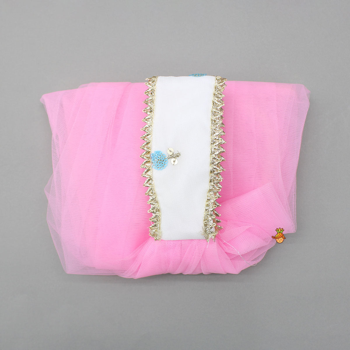Pre Order: Embroidered Off-White Top And Lehenga With Contrasting Pink Net Dupatta And Potli Bag