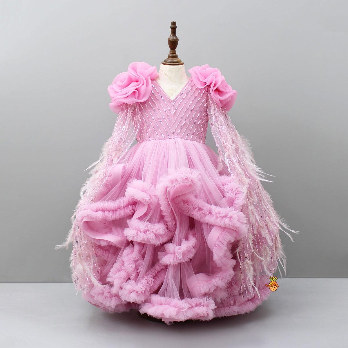 Pre Order: Embroidered Drape Ruffle Layered Pink Gown