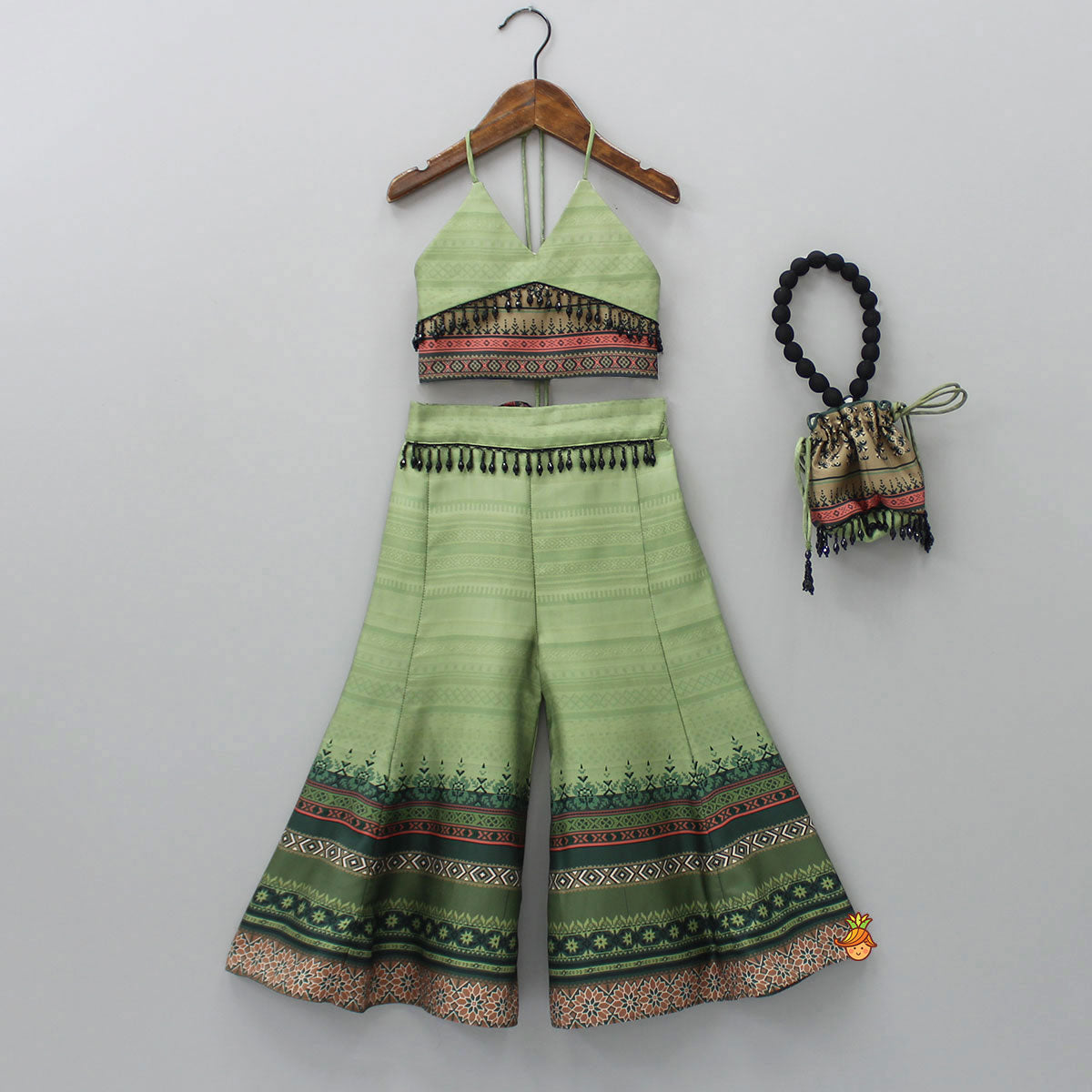 Pre Order: Halter Neck Green Top And Palazzo With Potli Bag