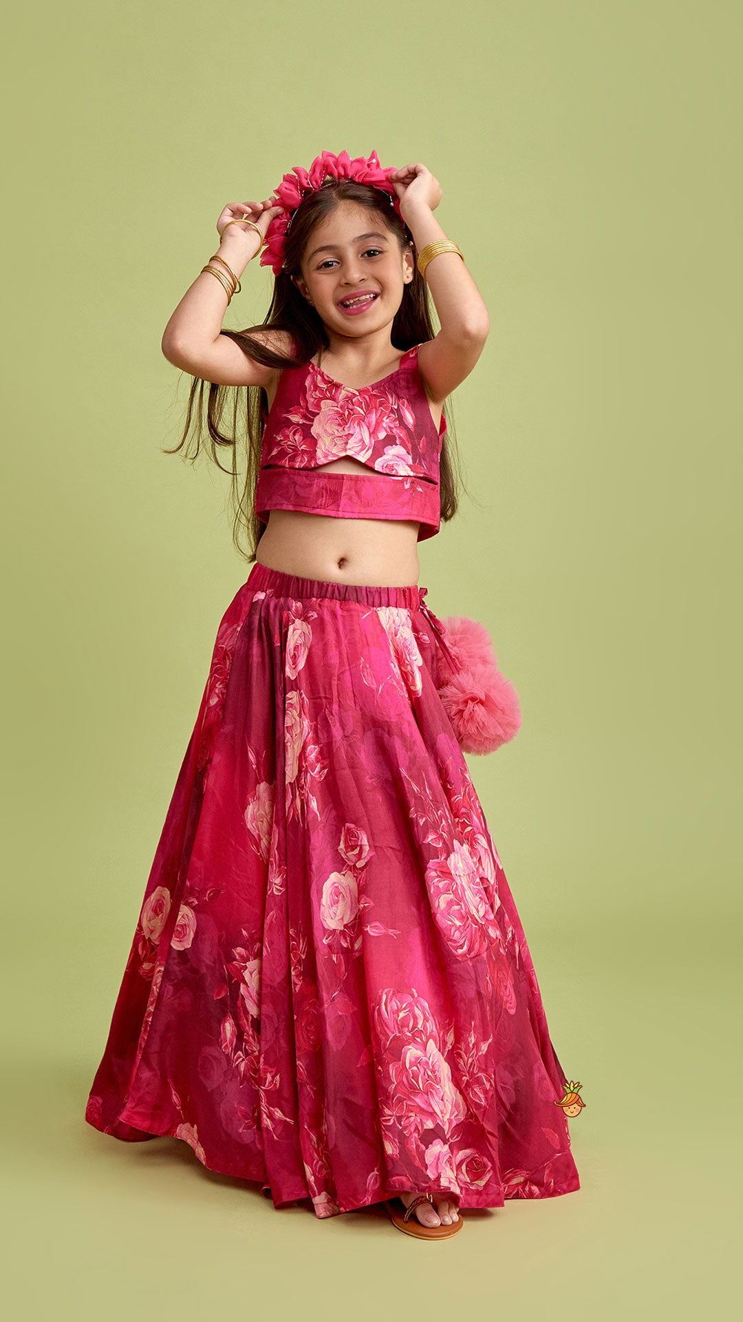 Pre Order: Vibrant Floral Printed Pink Stylish Crop Top And Lehenga