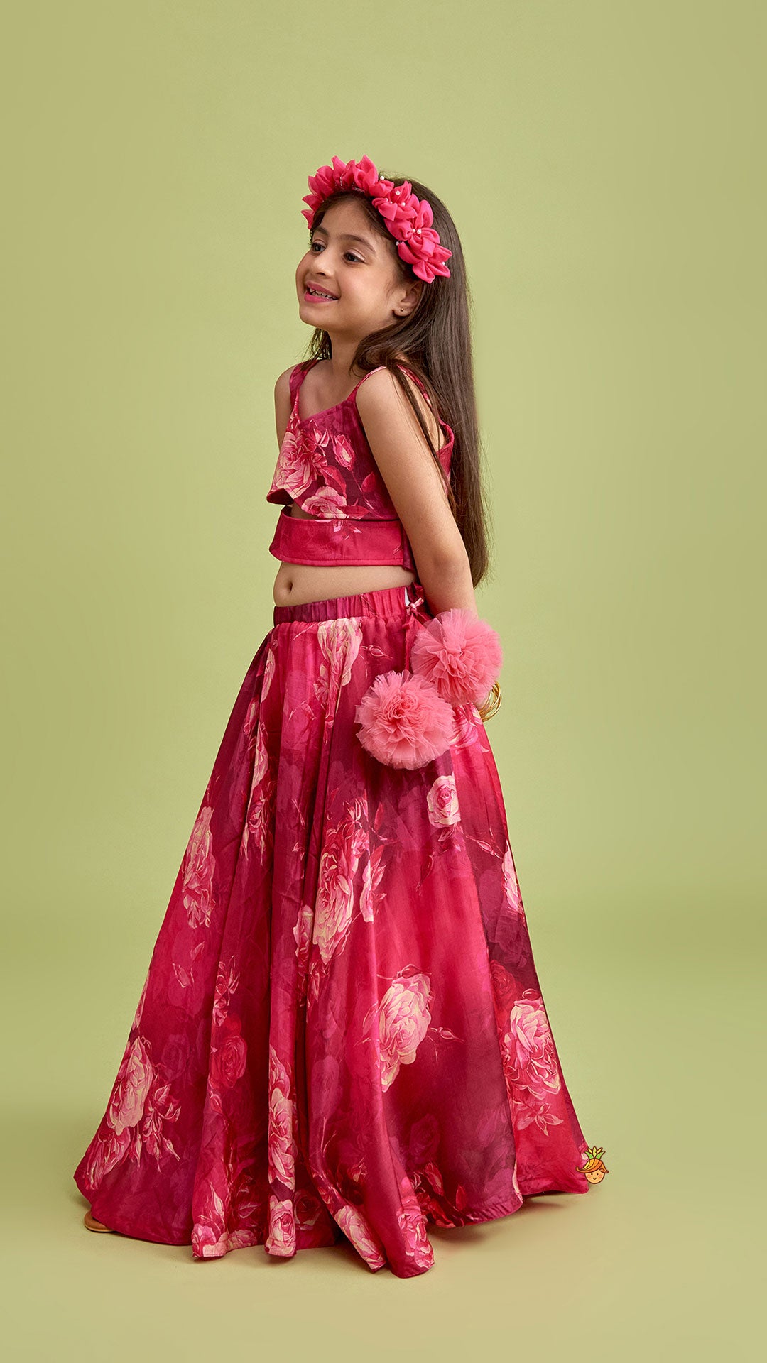 Pre Order: Vibrant Floral Printed Pink Stylish Crop Top And Lehenga