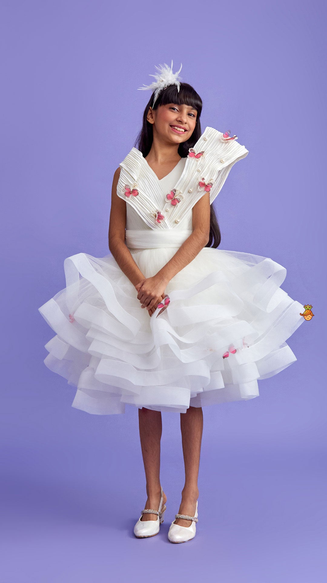 Pre Order: Pleated Yoke Off White Butterfly Dress With Stiff Belt