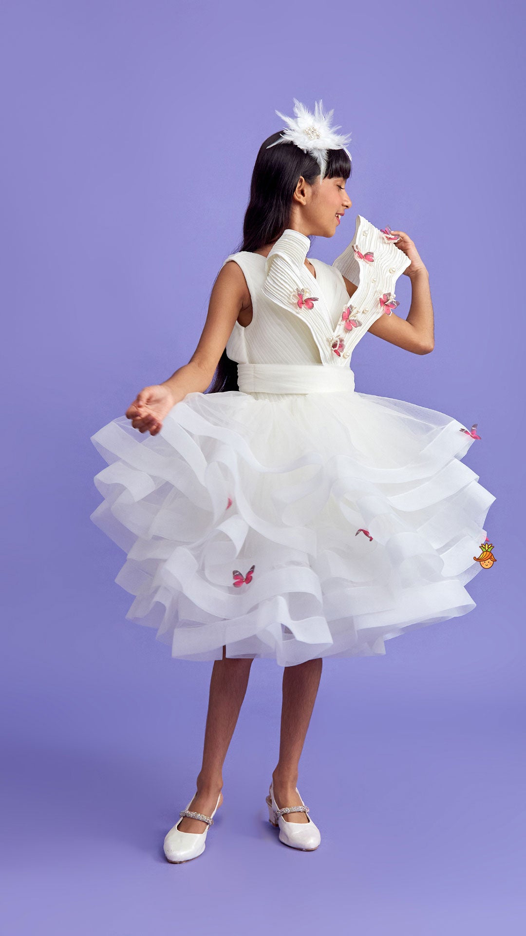 Pre Order: Pleated Yoke Off White Butterfly Dress With Stiff Belt