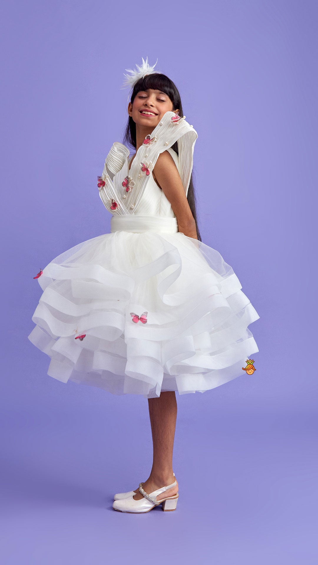 Pre Order: Pleated Yoke Off White Butterfly Dress With Stiff Belt