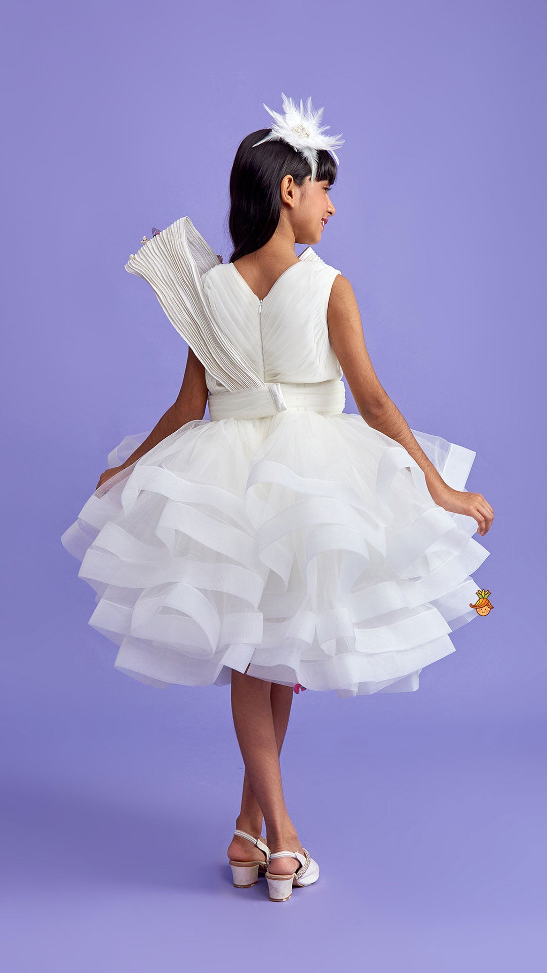 Pre Order: Pleated Yoke Off White Butterfly Dress With Stiff Belt