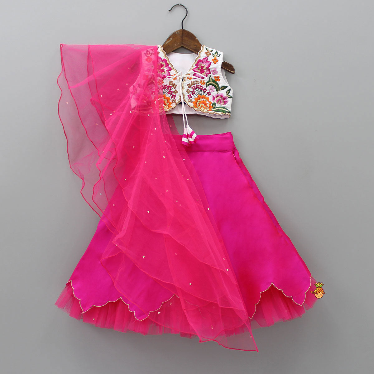 Pre Order: Heavy Embroidered Front Open Top And Pink Lehenga With Net Dupatta