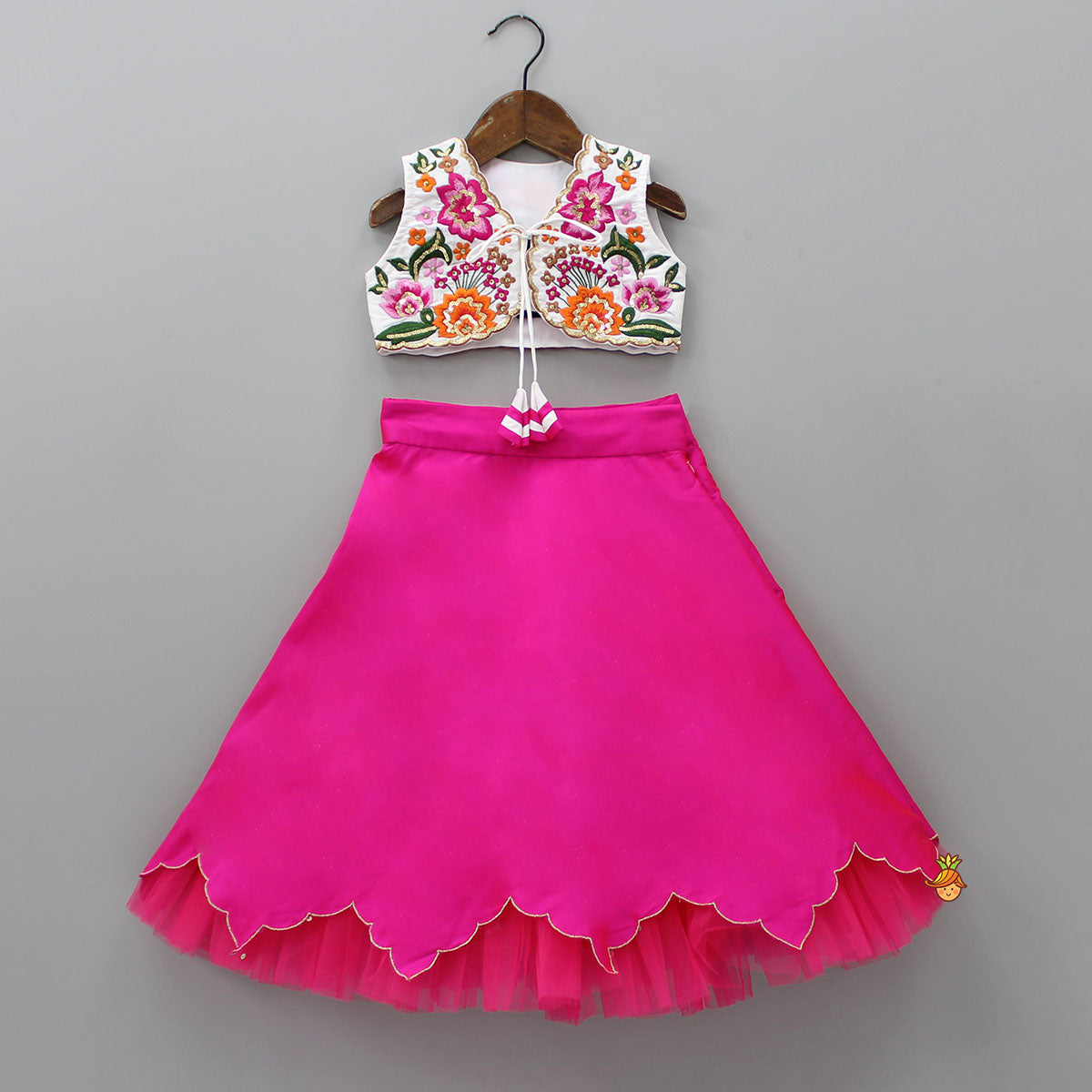 Pre Order: Heavy Embroidered Front Open Top And Pink Lehenga With Net Dupatta