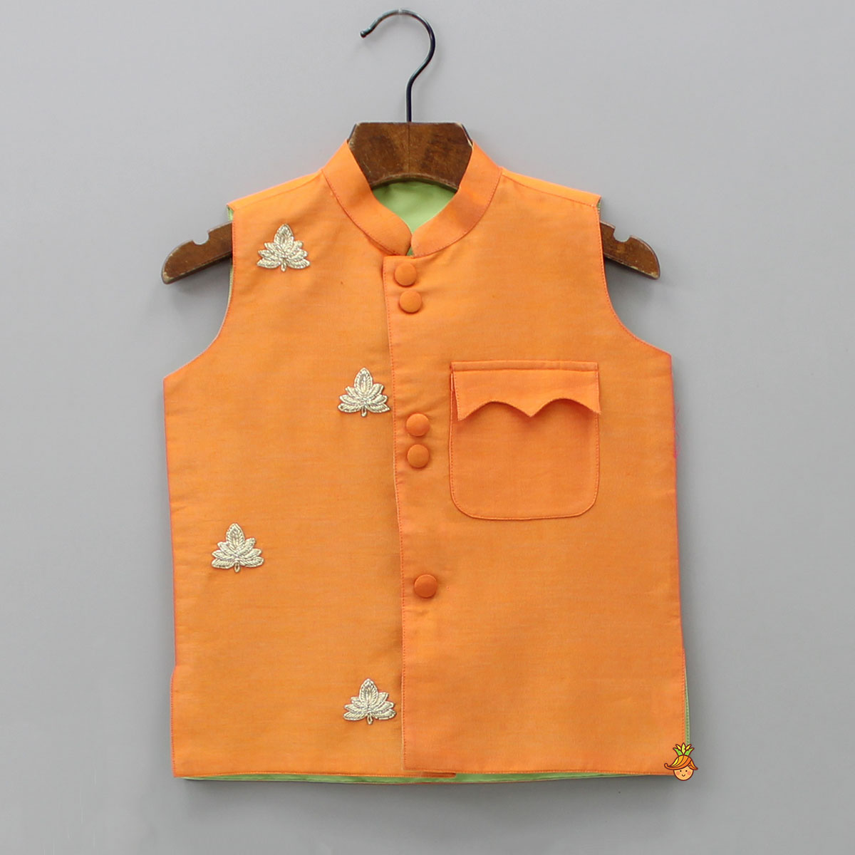 Pre Order: Ethnic Kurta With Patch Pocket Orange Jacket And Pyjama