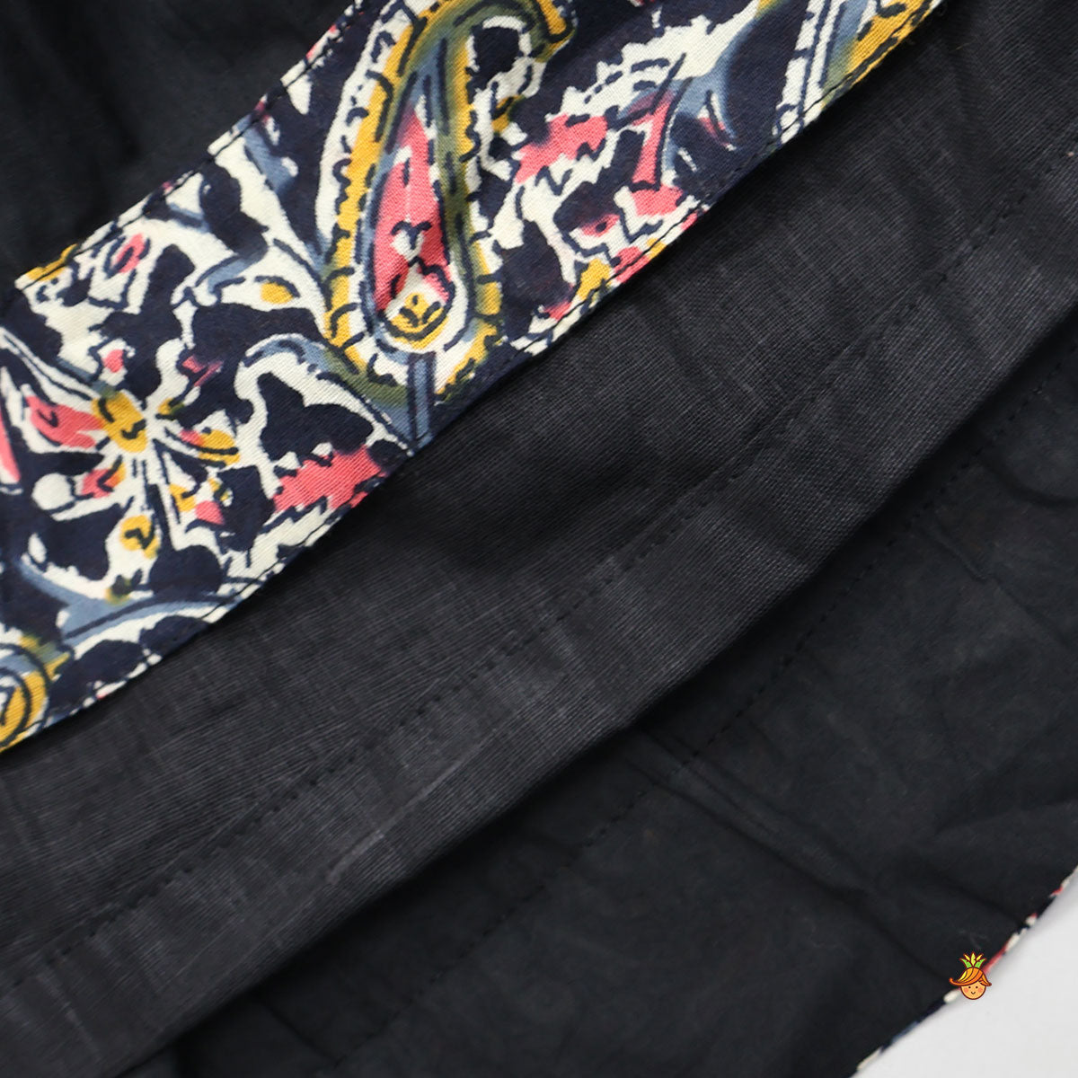 Pre Order: Contrasting Printed Lace Work Black Kurti