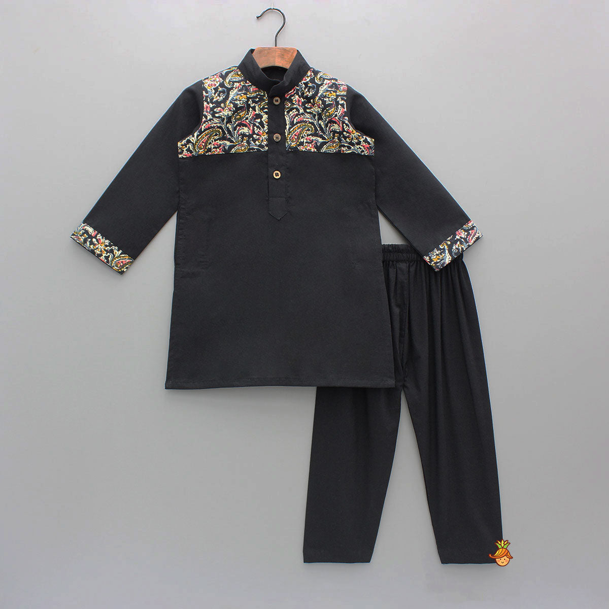 Pre Order: Printed Yoke Black Kurta And Pyjama