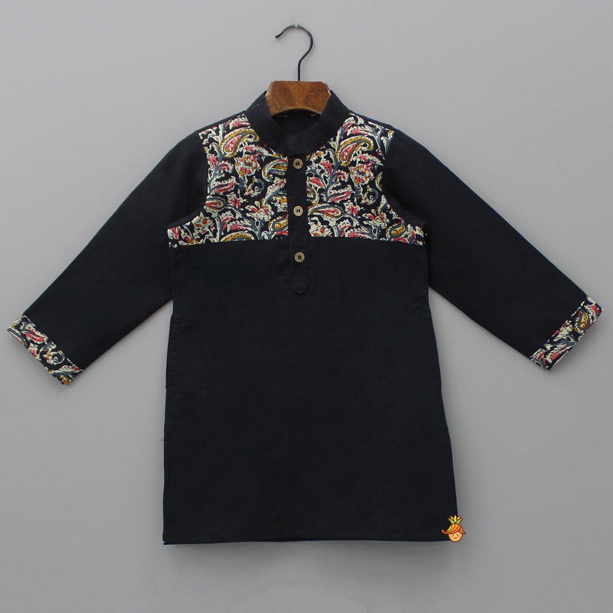 Pre Order: Printed Yoke Black Kurta And Pyjama