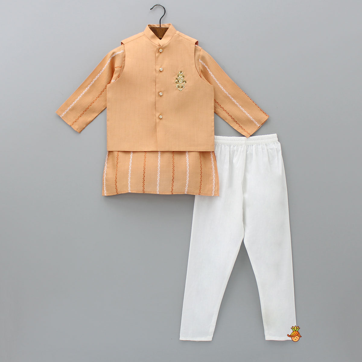 Peach Kurta With Zardozi Patch Work Jacket And Churidar