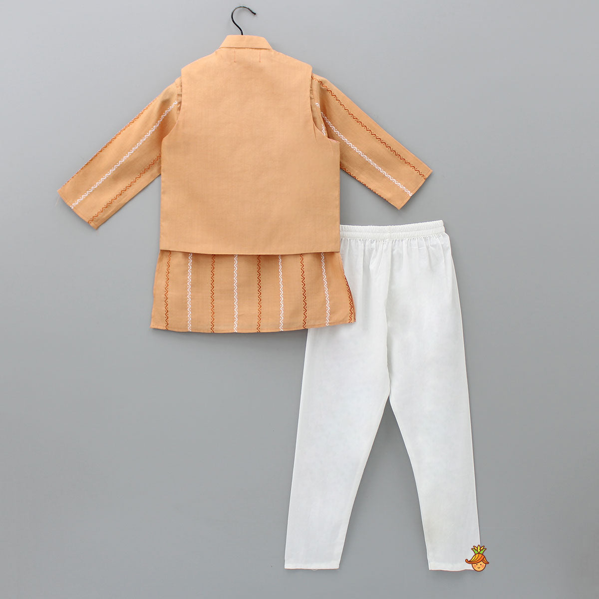 Peach Kurta With Zardozi Patch Work Jacket And Churidar