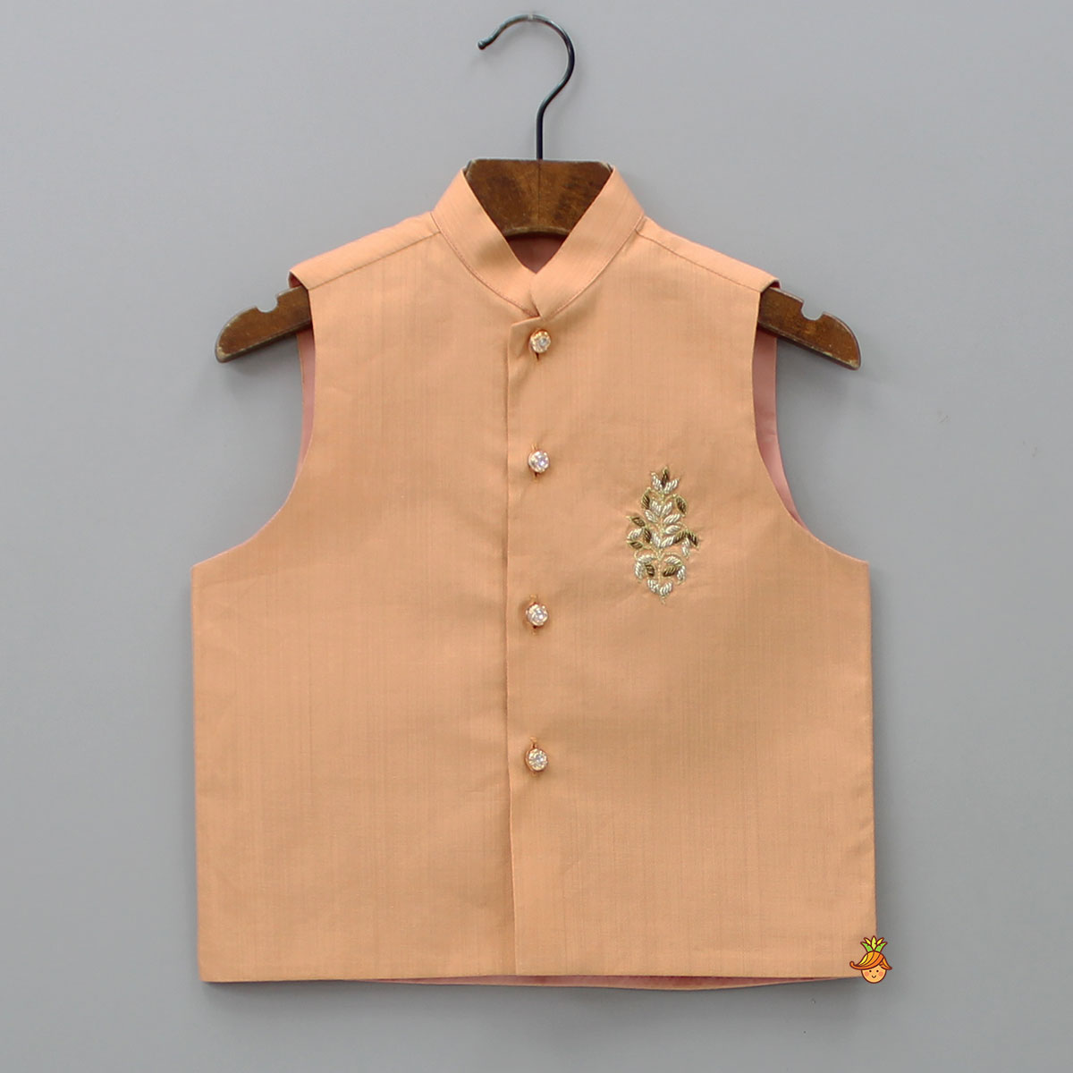 Peach Kurta With Zardozi Patch Work Jacket And Churidar