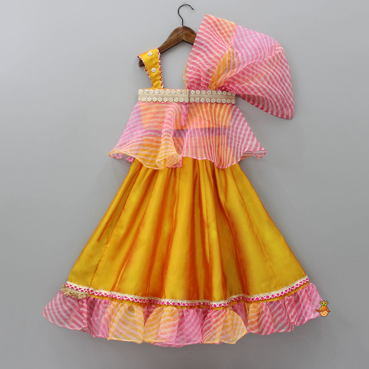 Pre Order: Mustard Top And Ruffle Hem Lehenga With Organza Cape