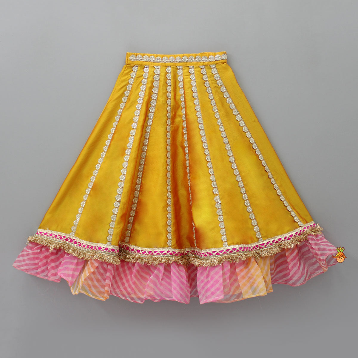 Pre Order: Mustard Top And Ruffle Hem Lehenga With Organza Cape