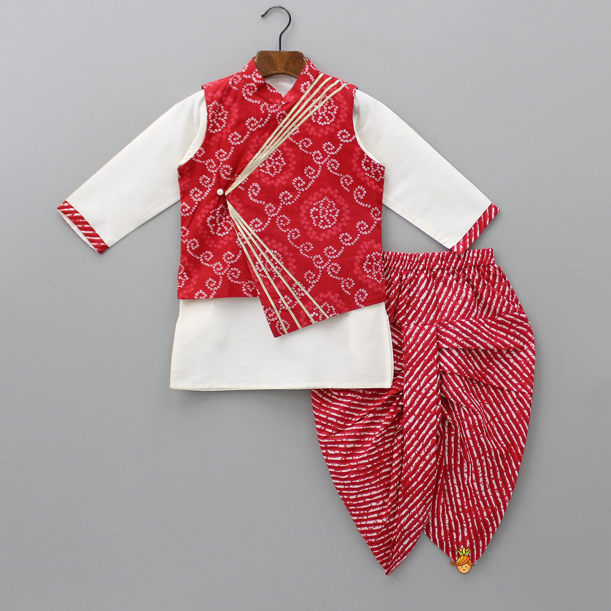 Pre Order: Kurta With Bandhani Printed Red Jacket And Leheriya Dhoti