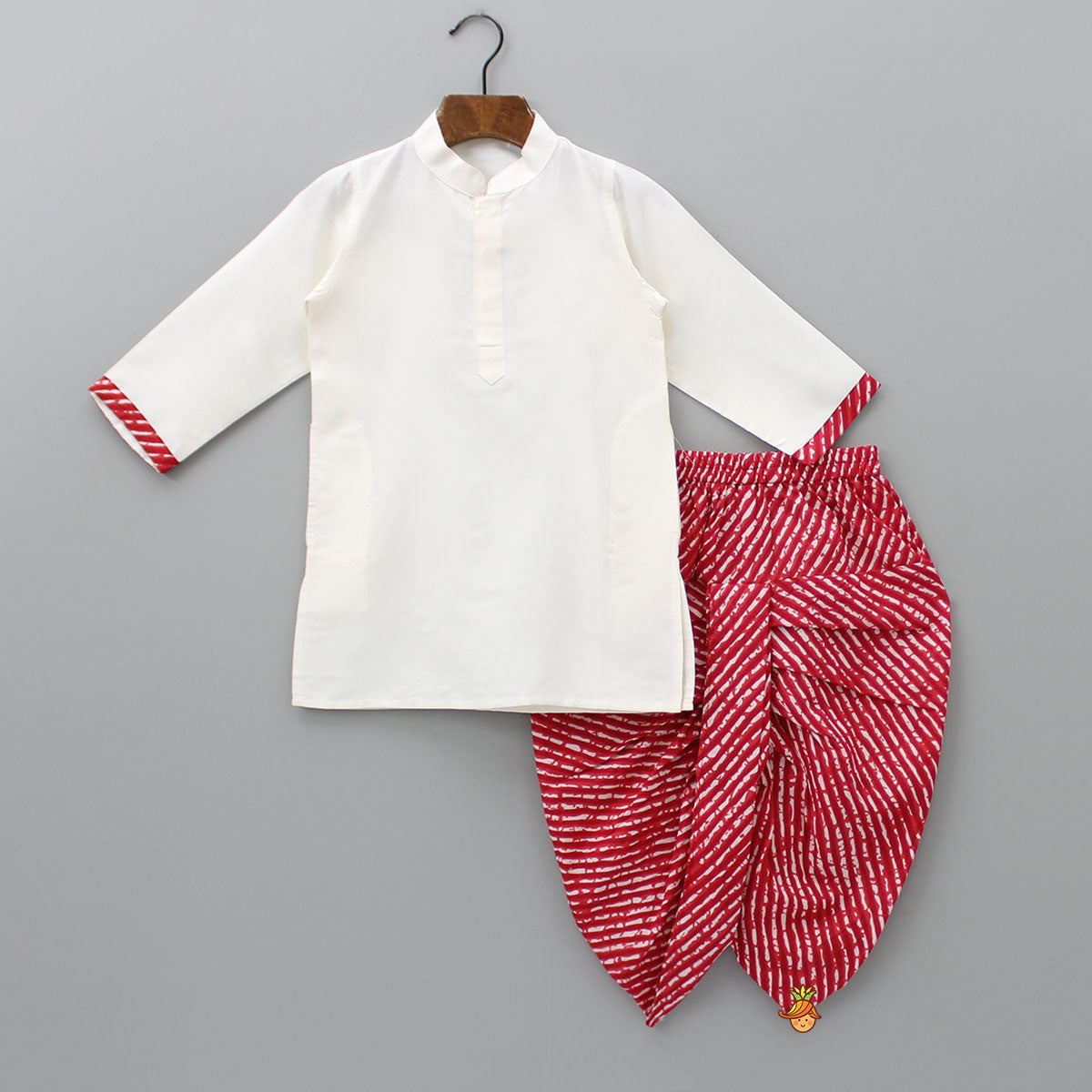 Pre Order: Kurta With Bandhani Printed Red Jacket And Leheriya Dhoti