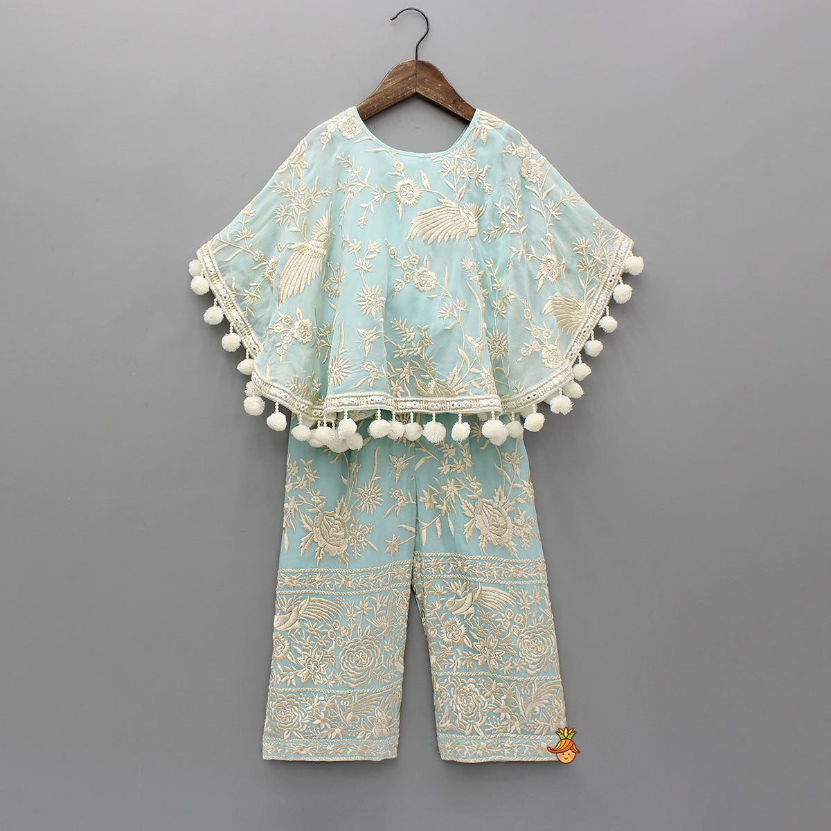 Pre Order: Blue Top With Pom Poms Detailed Embroidered Cape And Palazzo