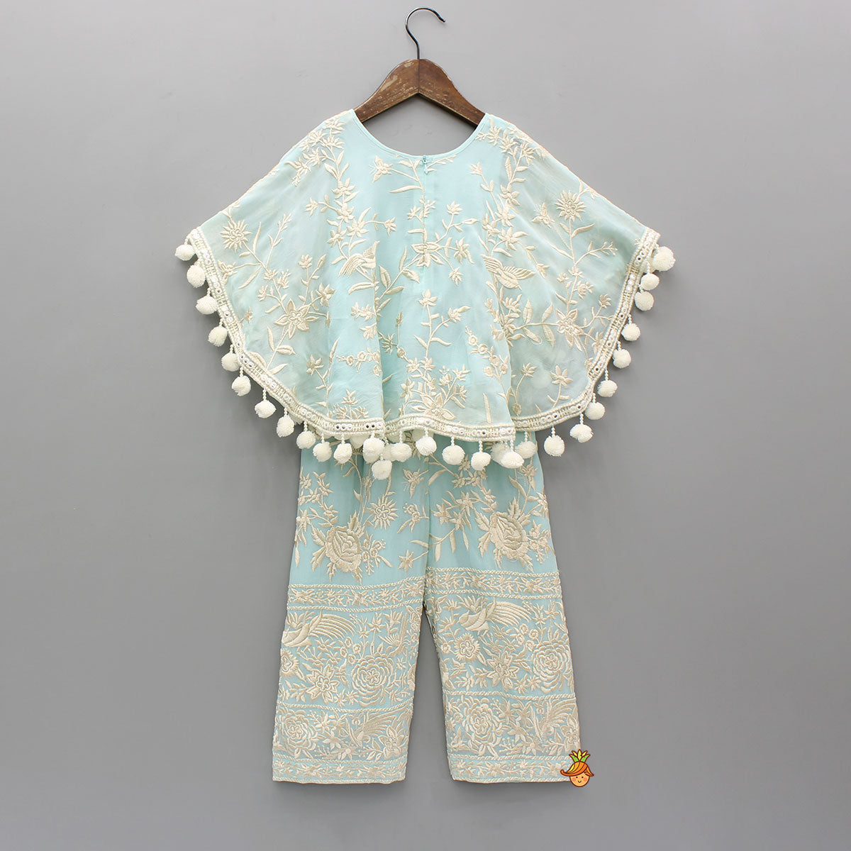 Pre Order: Blue Top With Pom Poms Detailed Embroidered Cape And Palazzo